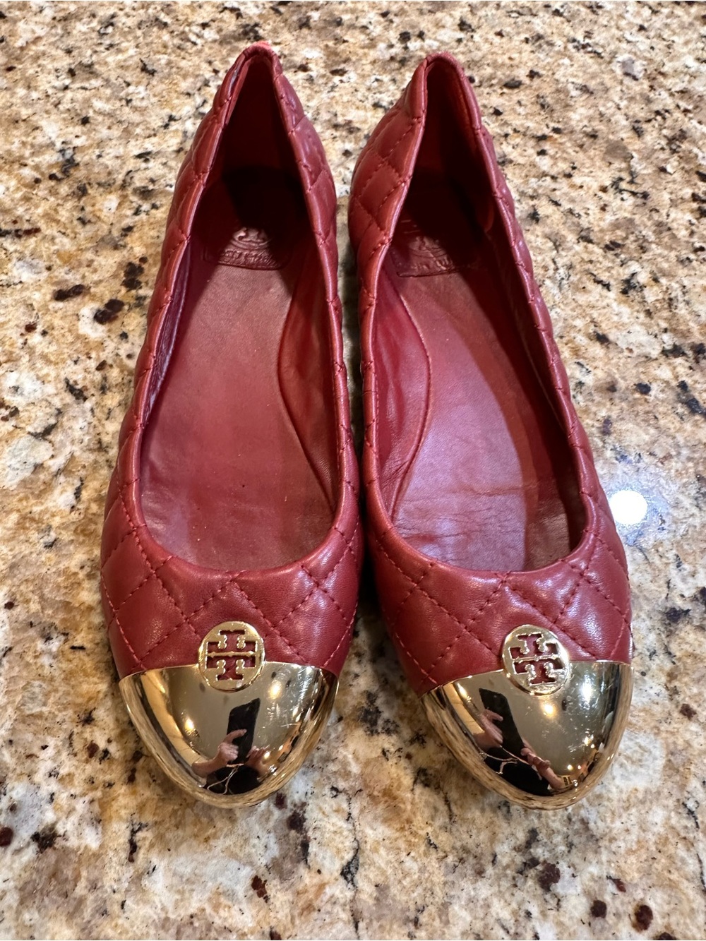 Tory Burch Quilted Wine Leather Ballet Flats with Gold Cap Toe